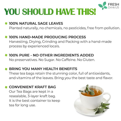 Sage Leaf Tea Bags, 100% Natural &amp; Pure from Sage Leaves. Loose Leaf Sage Herbal Tea. Sage Leaf Tea. Made with Natural Material Tea Bags. No Sugar, No Caffeine, No Gluten, Vegan. by FreshDrinkUS - Natural and Premium Herbal Tea