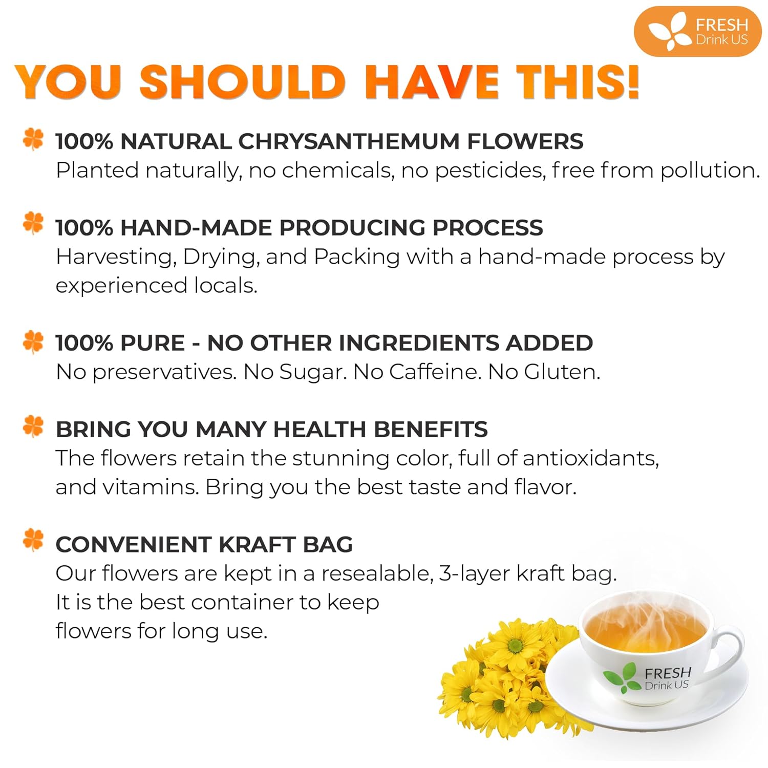 Premium Chrysanthemum Flowers, Chrysanthemum Herbal Tea, No Additives, No Caffeine, Vegan by FreshDrinkUS - Natural and Premium Herbal Tea