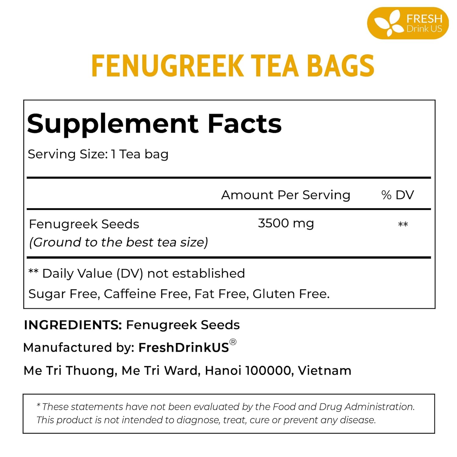 Premium Fenugreek Tea Bags. No Sugar, No Caffeine, No Gluten, Vegan. (30 Tea Bags) by FreshDrinkUS - Natural and Premium Herbal Tea