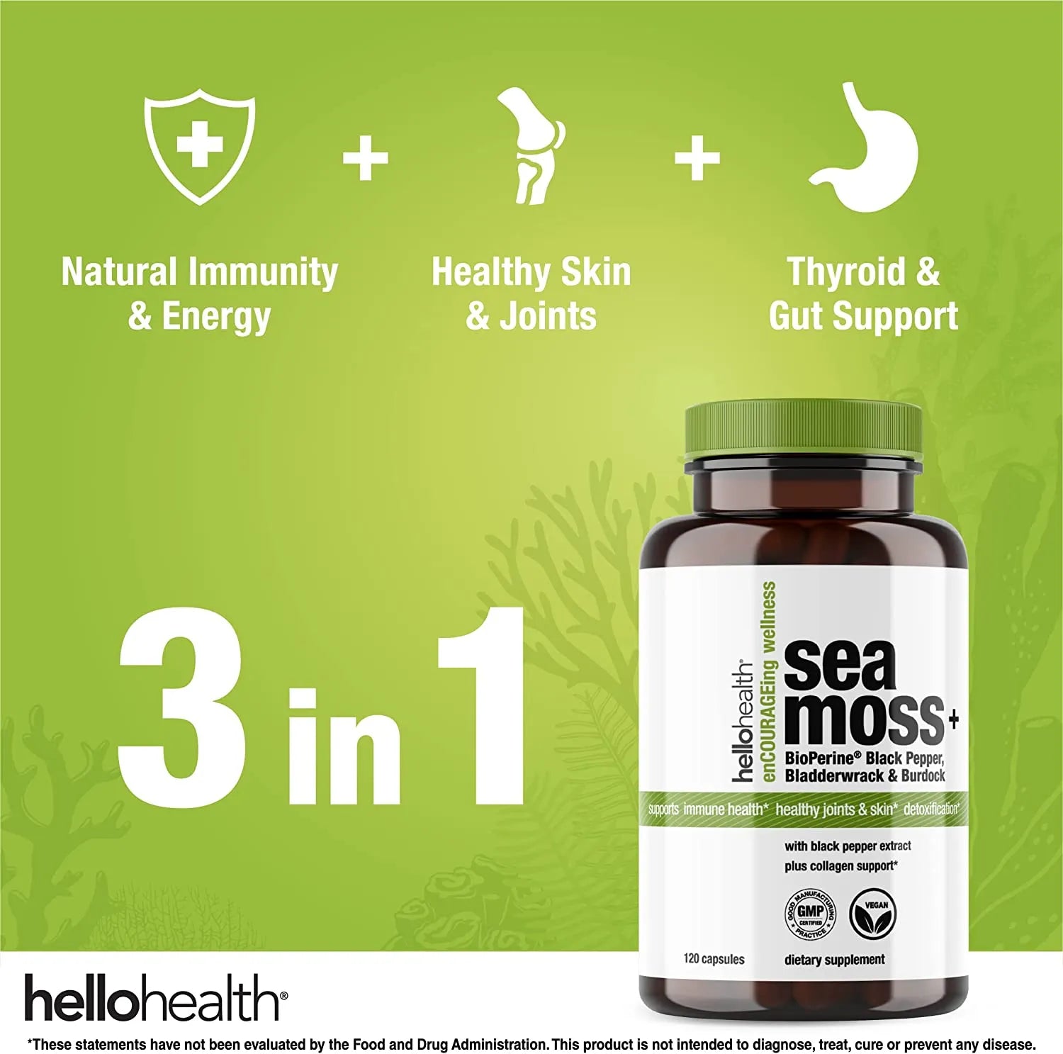 Organic Irish Sea Moss, Organic Bladderwrack, Organic Burdock &amp; Bioperine capsules by hellohealth