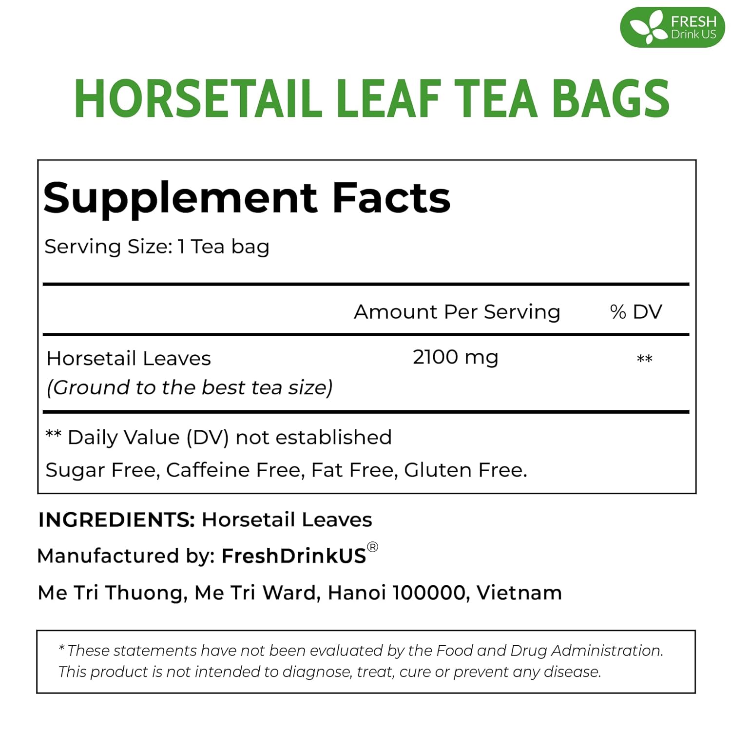 Premium Horsetail Leaf Tea Bags, 100% Natural &amp; Pure from Horsetail Loose Leaves Herbal Tea. No Sugar, No Caffeine, No Gluten, Vegan. by FreshDrinkUS - Natural and Premium Herbal Tea