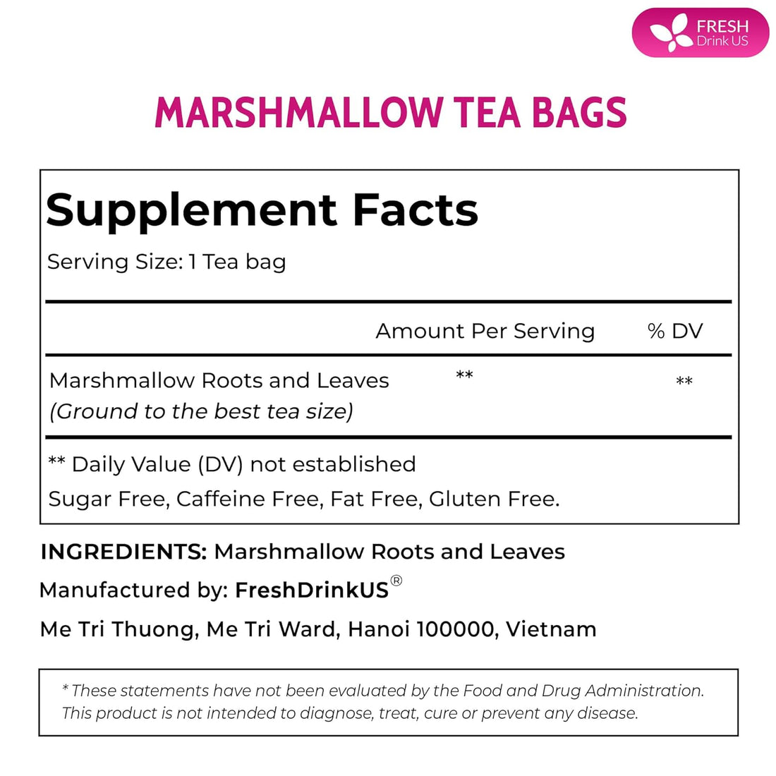 Premium Marshmallow Root and Leaf Tea Bags, 100% Natural &amp; Pure. by FreshDrinkUS - Natural and Premium Herbal Tea