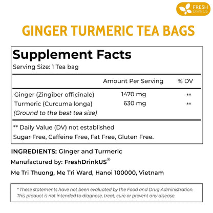 Premium Ginger Turmeric Tea Bags, Hand-made Blend of Ginger and Turmeric Herbal Tea, Eco-conscious Tea Bags. No Sugar, No Caffeine, No Gluten, Vegan. by FreshDrinkUS - Natural and Premium Herbal Tea