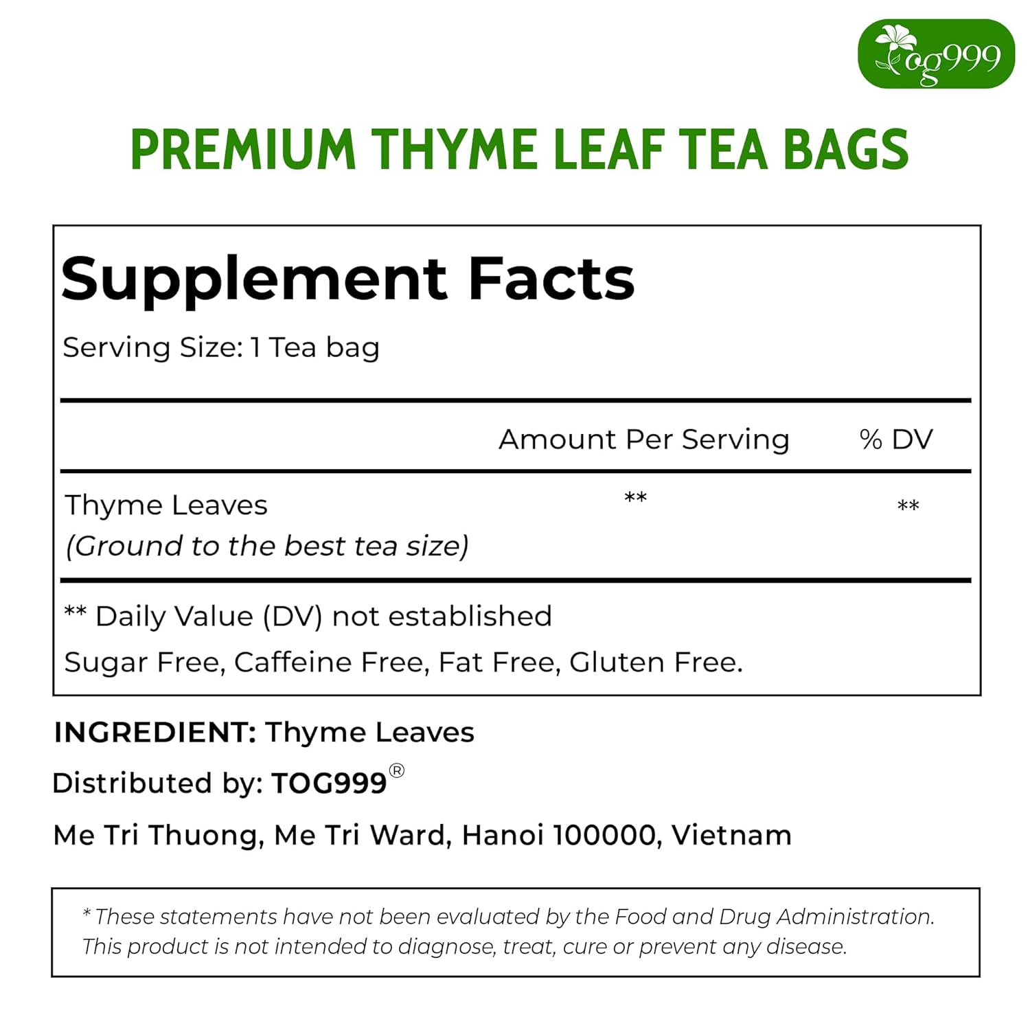 Premium 40 Thyme Leaf Tea Bags, 100% Natural &amp; Pure, Loose Leaf Herbal Tea. by FreshDrinkUS - Natural and Premium Herbal Tea