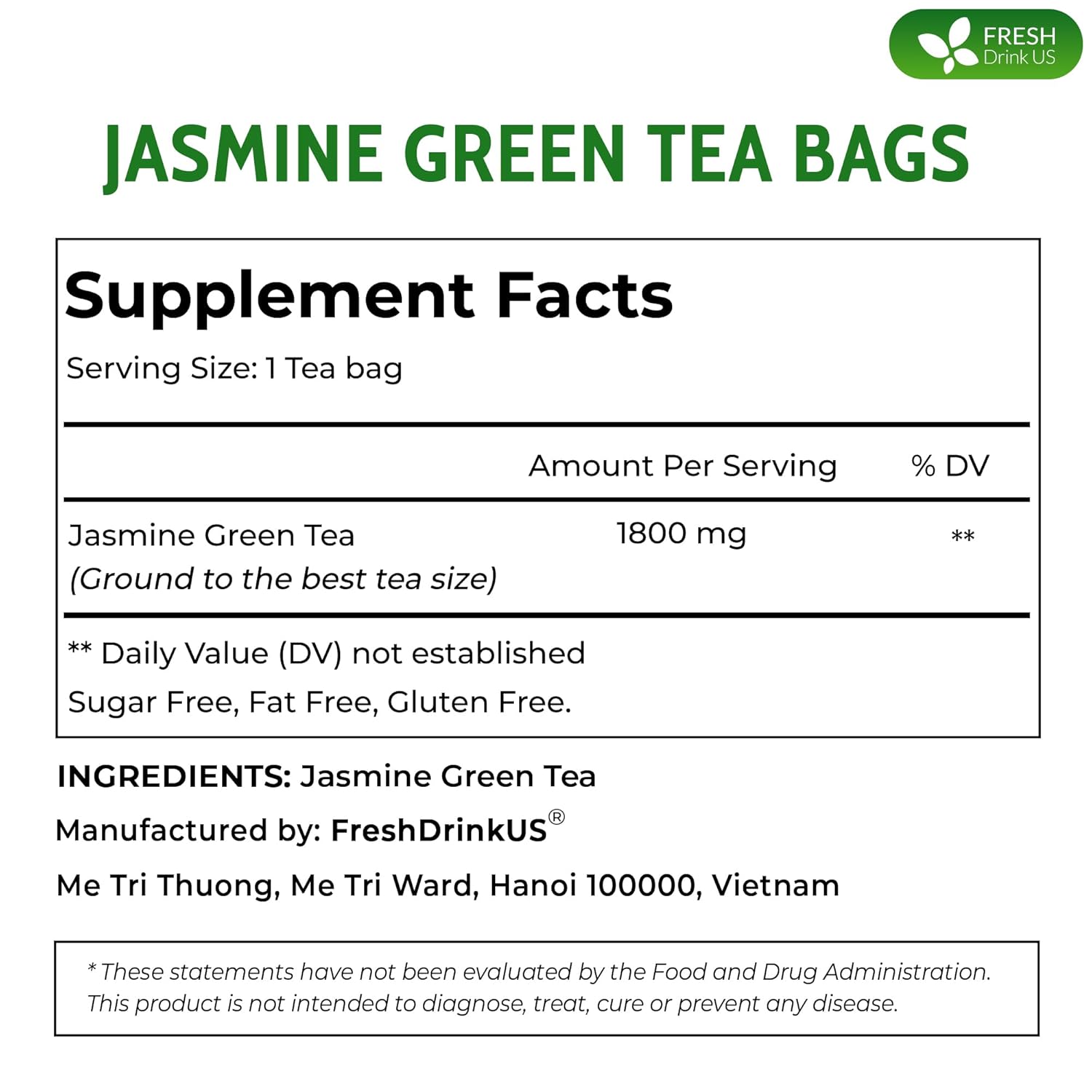 Premium Jasmine Green Tea Bags. Jasmine Green Herbal Tea. Made with Natural Material Tea Bags. No Sugar, No Gluten, Vegan. by FreshDrinkUS - Natural and Premium Herbal Tea
