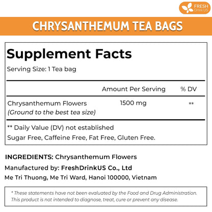 Premium Chrysanthemum Flower Tea Bags. Chrysanthemum Flower Herbal Tea. No Sugar, No Caffeine, No Gluten, Vegan. by FreshDrinkUS - Natural and Premium Herbal Tea