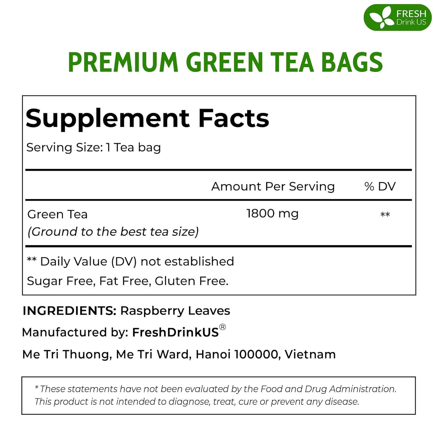 Premium Green Tea Bags, 100% Natural &amp; Pure from Green Tea. Green Herbal Tea. No Sugar, No Gluten, Vegan by FreshDrinkUS - Natural and Premium Herbal Tea