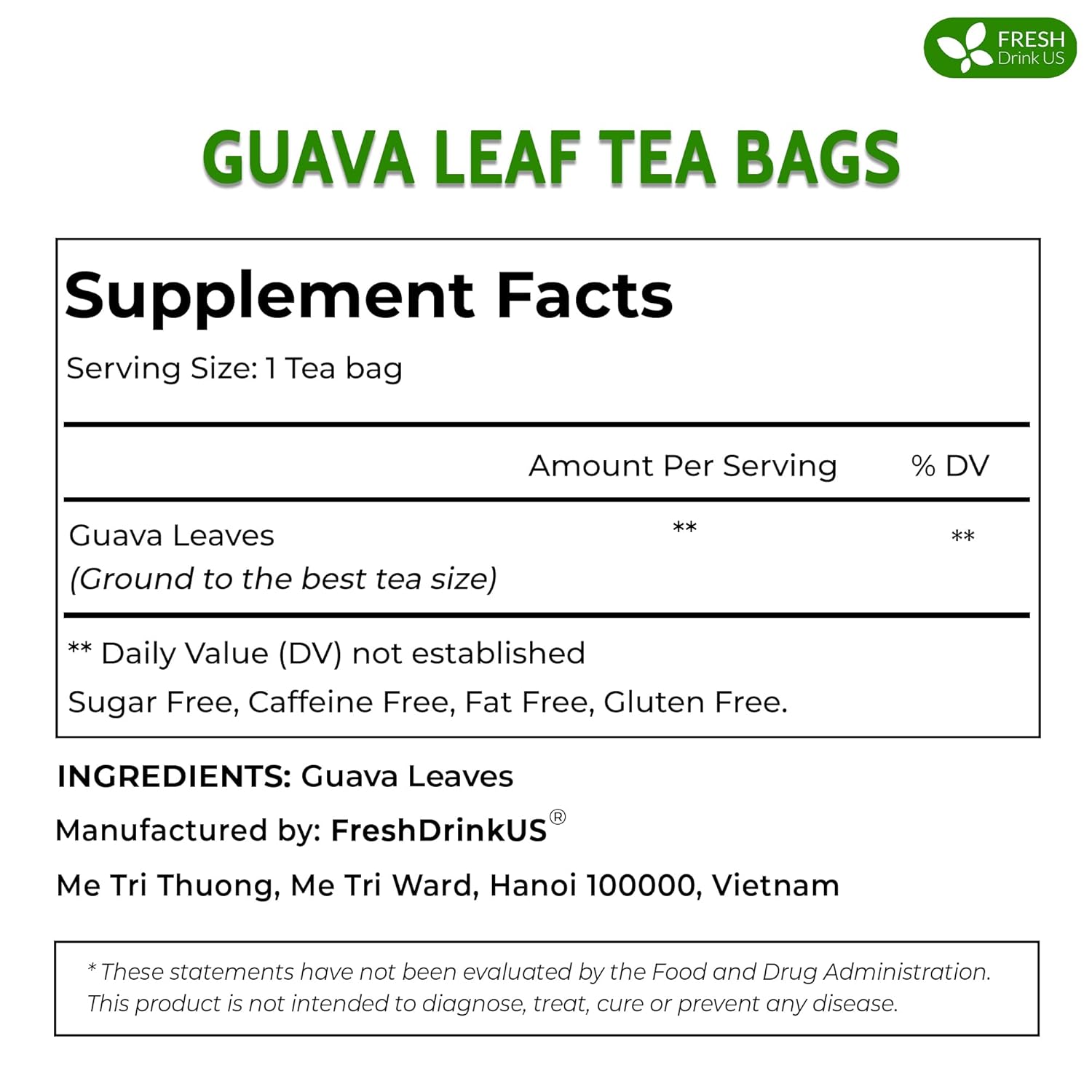 Premium Guava Leaf Tea Bags by FreshDrinkUS - Natural and Premium Herbal Tea