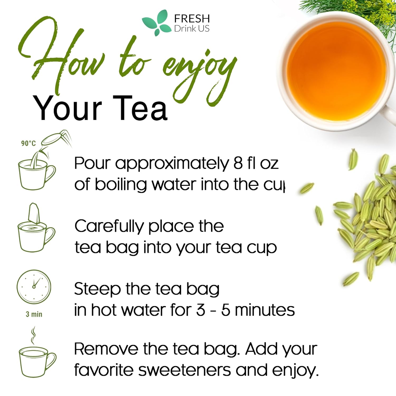 Premium Fennel Tea Bags, 100% Natural &amp; Pure from Fennel Seeds. Fennel Seed Herbal Tea. Fennel Seed Tea. Made with Natural Material Tea Bags. No Sugar, No Caffeine, No Gluten, Vegan. by FreshDrinkUS - Natural and Premium Herbal Tea