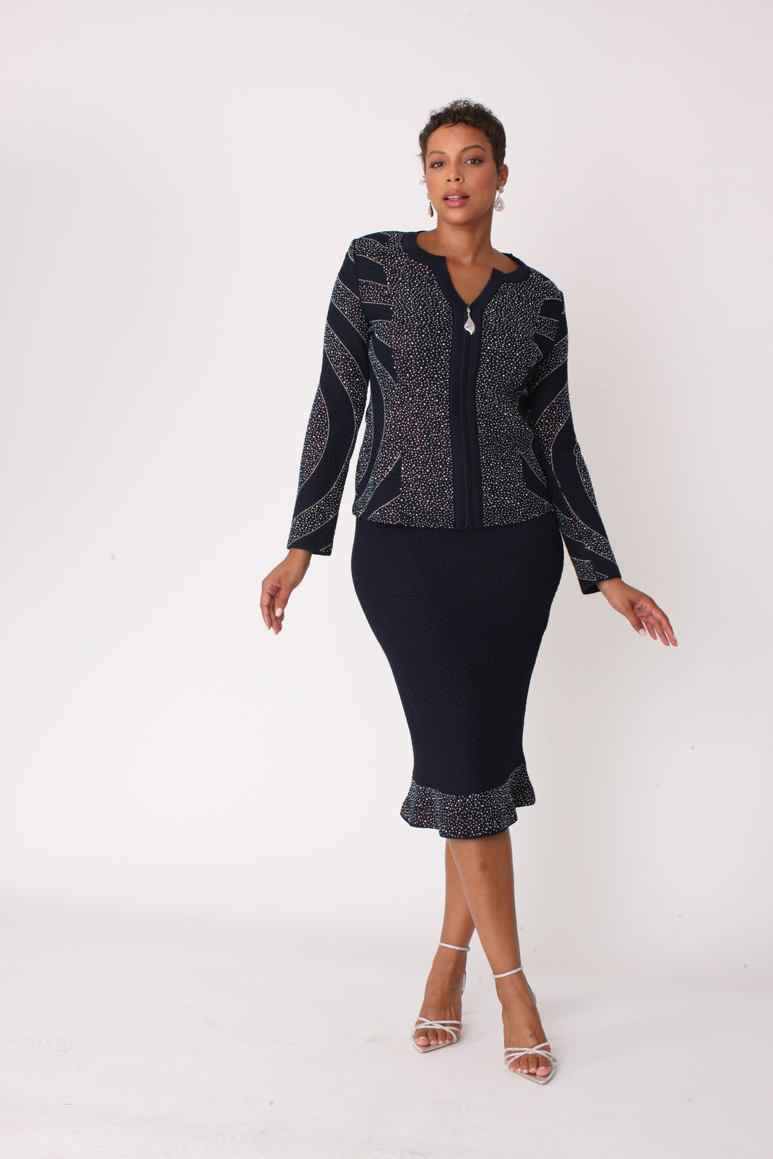 Navy &amp; Silver Starburst Skirt Suit - 7313 by Tally Taylor