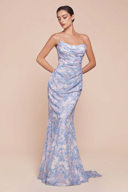 Ladivine 7445 Dress Strapless Floral Printed Fitted Soft Satin Dress by DiscountDressShop