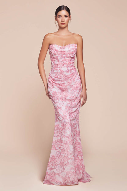 Ladivine 7445 Dress Strapless Floral Printed Fitted Soft Satin Dress by DiscountDressShop