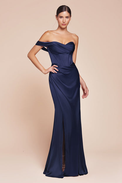 Ladivine 7448 Dress Long One Shoulder Satin Corset Gown by DiscountDressShop