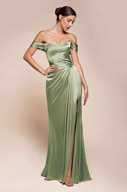 CLEARANCE - Ladivine 7452 Dress Off the Shoulder Sage Green Satin Gown (Size 10) by DiscountDressShop