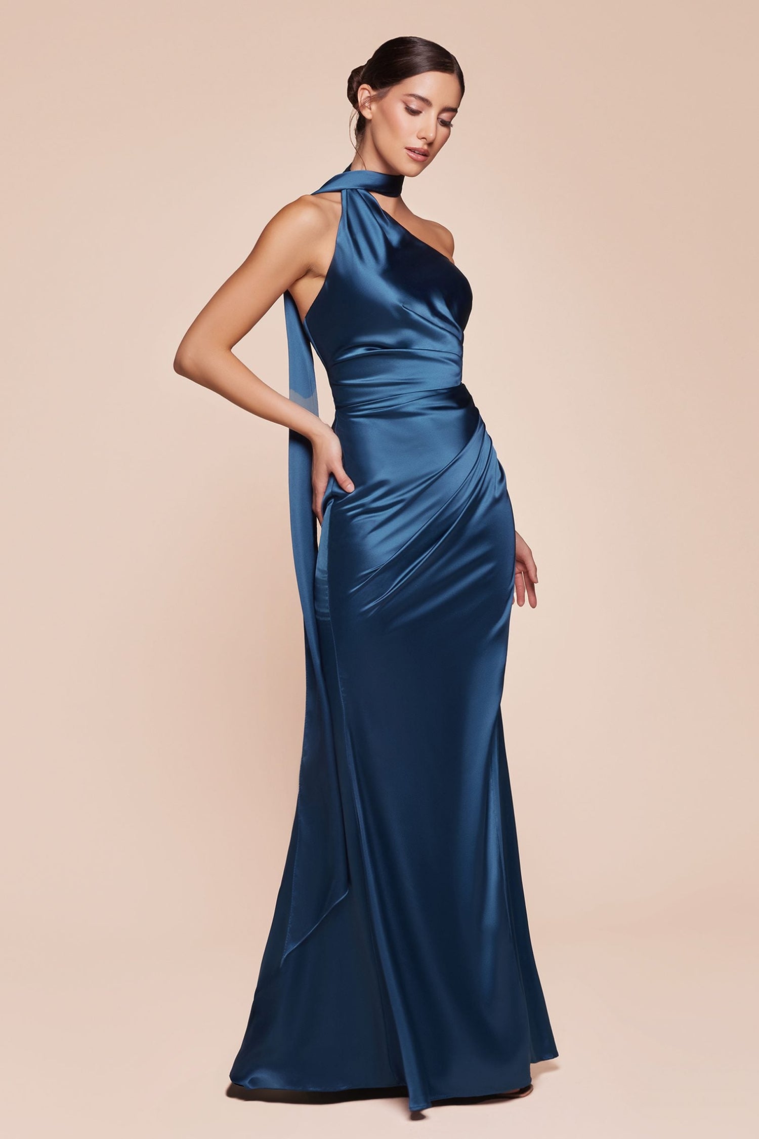 Ladivine 7454 Dress One Shoulder Luxe Satin Fitted Gown by DiscountDressShop