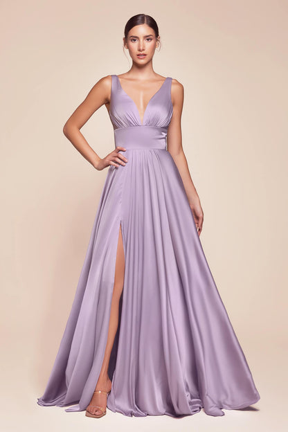 Ladivine 7469 Long Formal Evening Satin Dress with Slit by DiscountDressShop