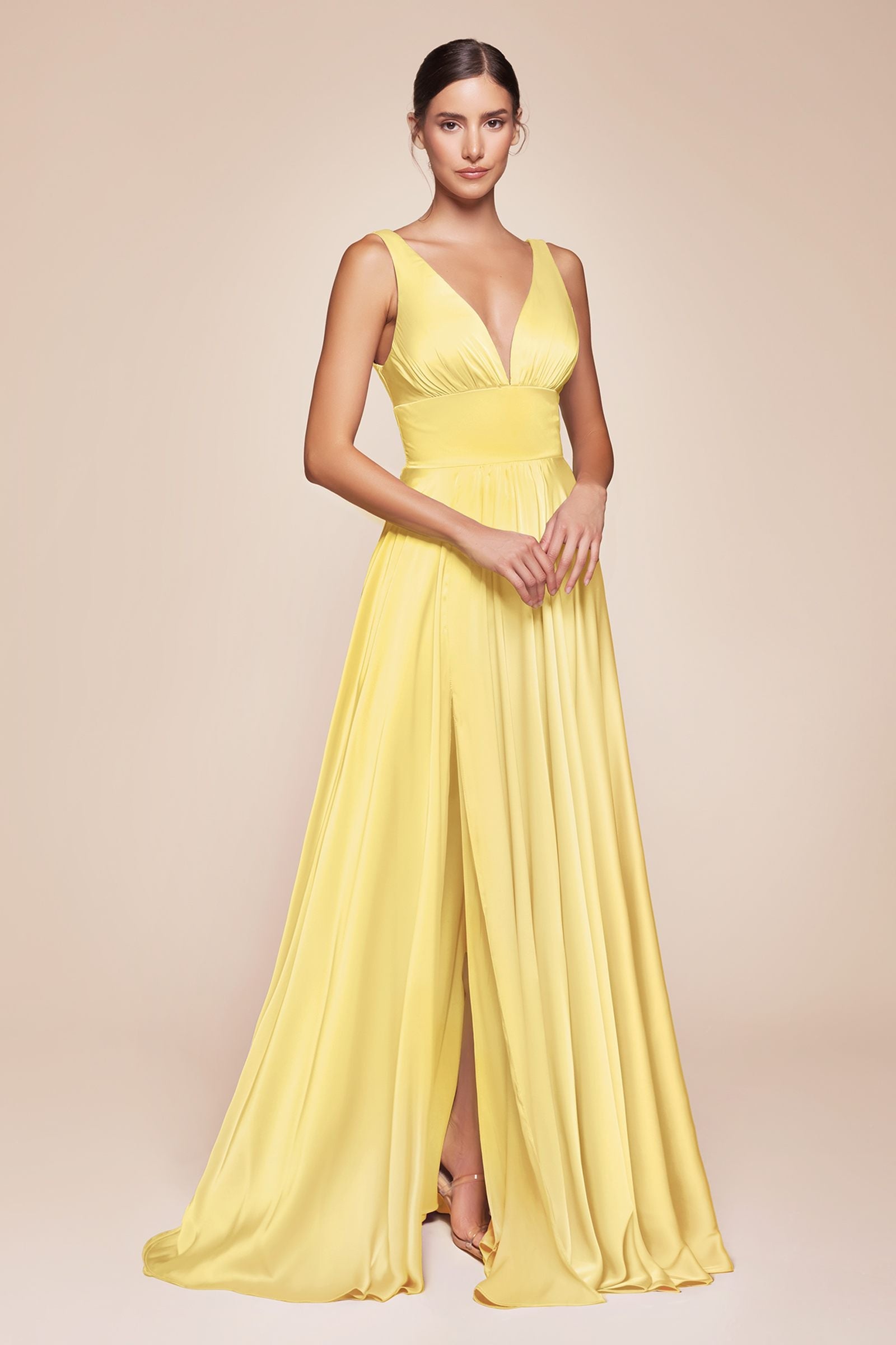 Ladivine 7469 Long Formal Evening Satin Dress with Slit by DiscountDressShop