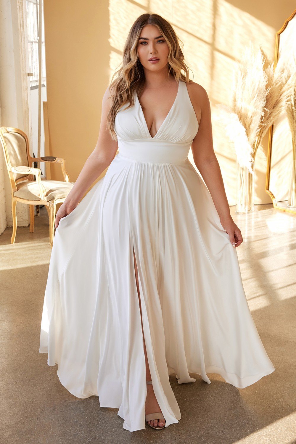 Cinderella Divine 7469WW Long Formal A-Line Satin Dress by DiscountDressShop
