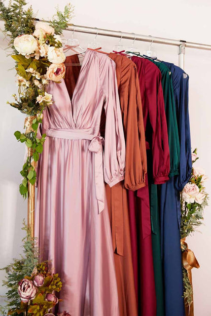 Ladivine 7475 Long Split Blouson Sleeve Formal Dress Thigh Split by DiscountDressShop