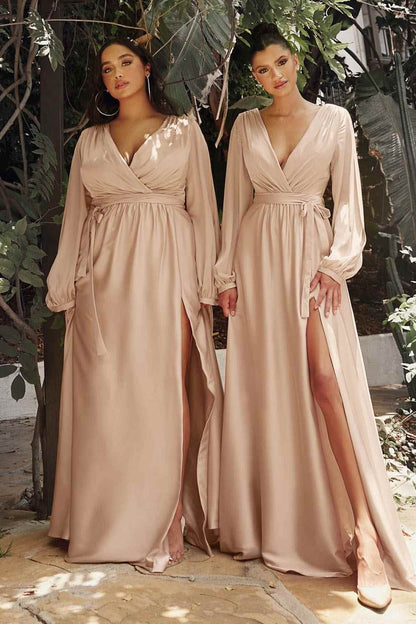Ladivine 7475 Long Split Blouson Sleeve Formal Dress Thigh Split by DiscountDressShop