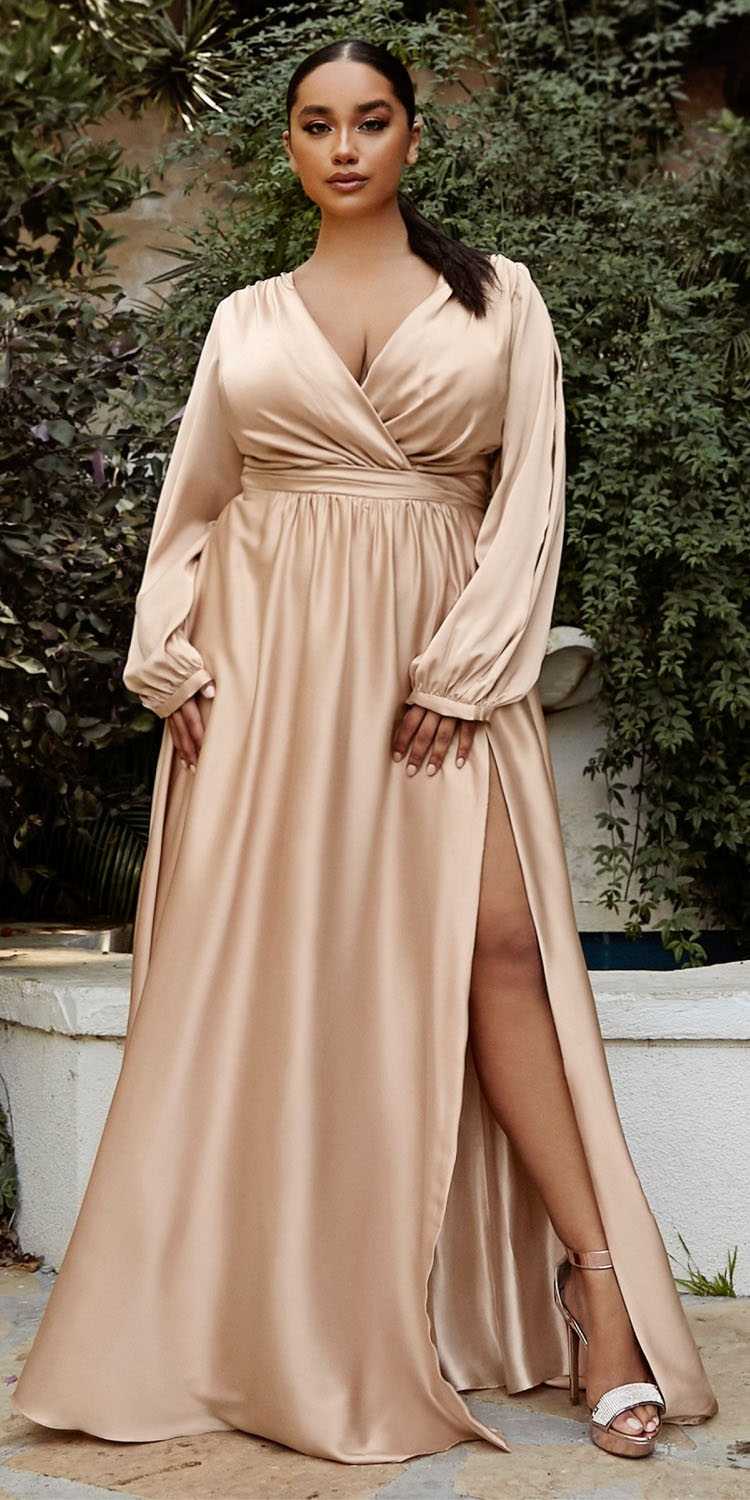 Ladivine 7475C Long Split Blouson Sleeve Formal Dress Thigh Split by DiscountDressShop