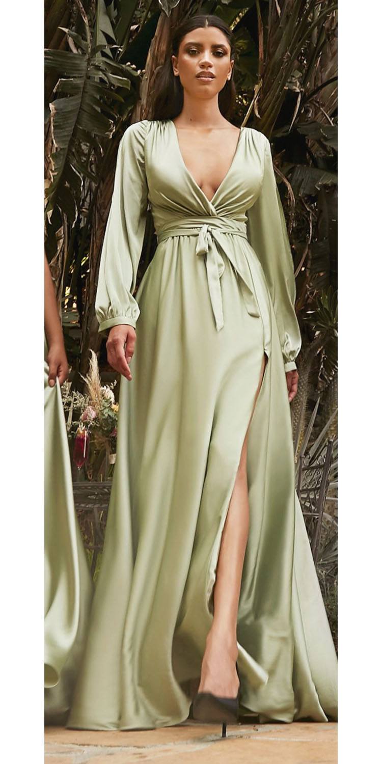 Ladivine 7475C Long Split Blouson Sleeve Formal Dress Thigh Split by DiscountDressShop