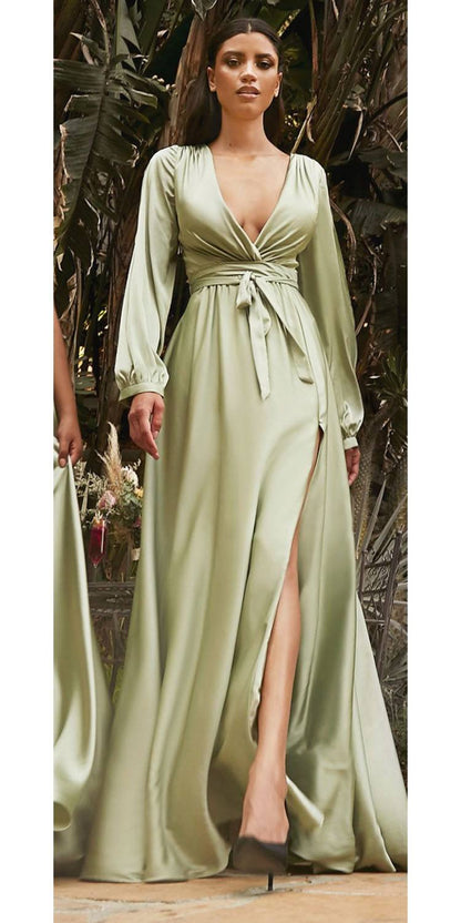 Ladivine 7475C Long Split Blouson Sleeve Formal Dress Thigh Split by DiscountDressShop