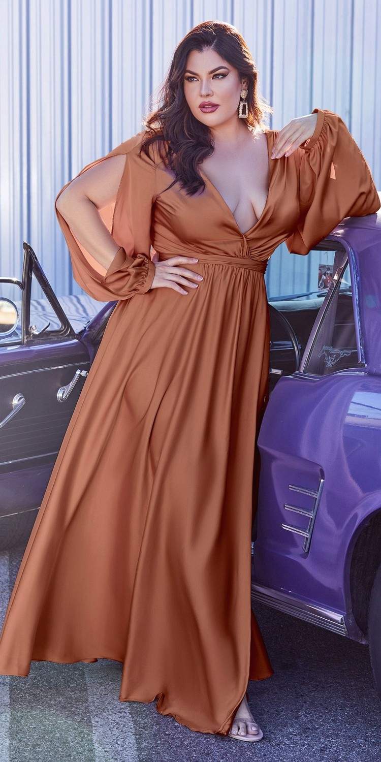 Ladivine 7475 Long Split Blouson Sleeve Formal Dress Thigh Split by DiscountDressShop
