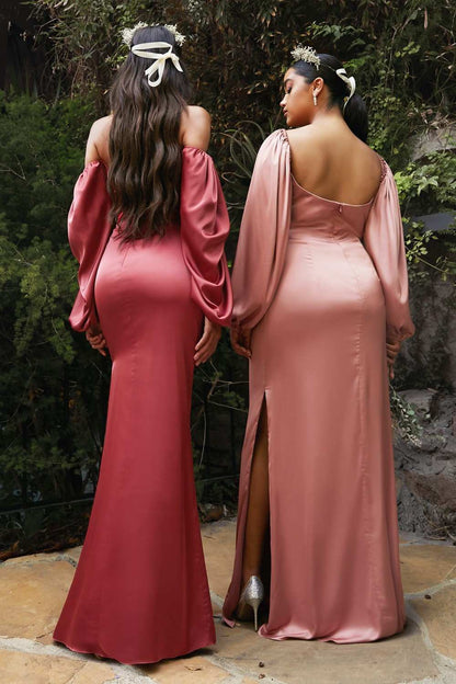 Cinderella Divine 7482C Long Sleeve Off the Shoulder Soft Satin Fitted Dress by DiscountDressShop