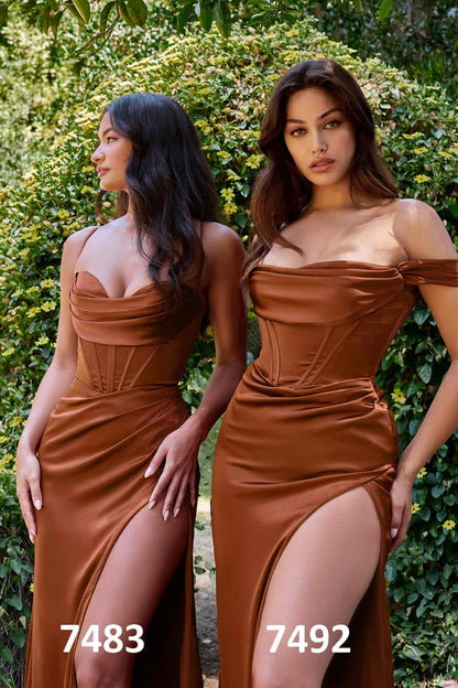 Cinderella Divine 7483 Long Satin Corset Cowl Neckline Formal Gown by DiscountDressShop