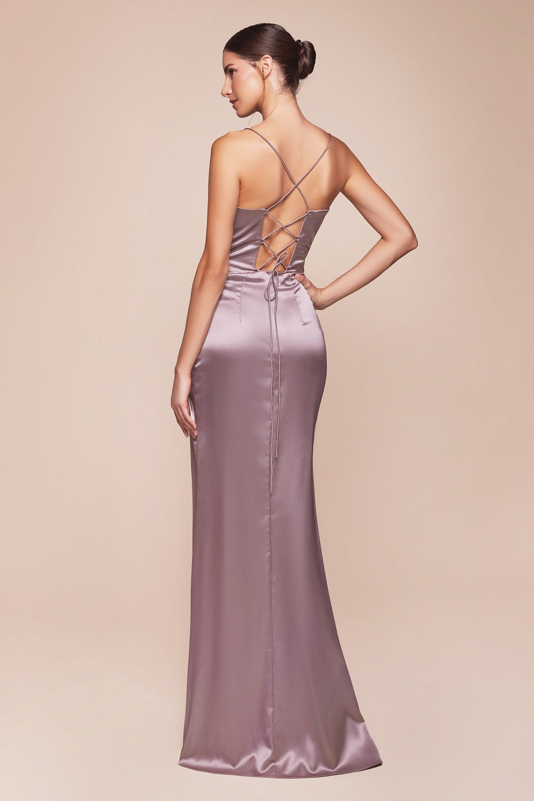 Cinderella Divine 7483 Long Satin Corset Cowl Neckline Formal Gown by DiscountDressShop