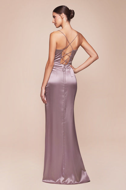 Cinderella Divine 7483 Long Satin Corset Cowl Neckline Formal Gown by DiscountDressShop
