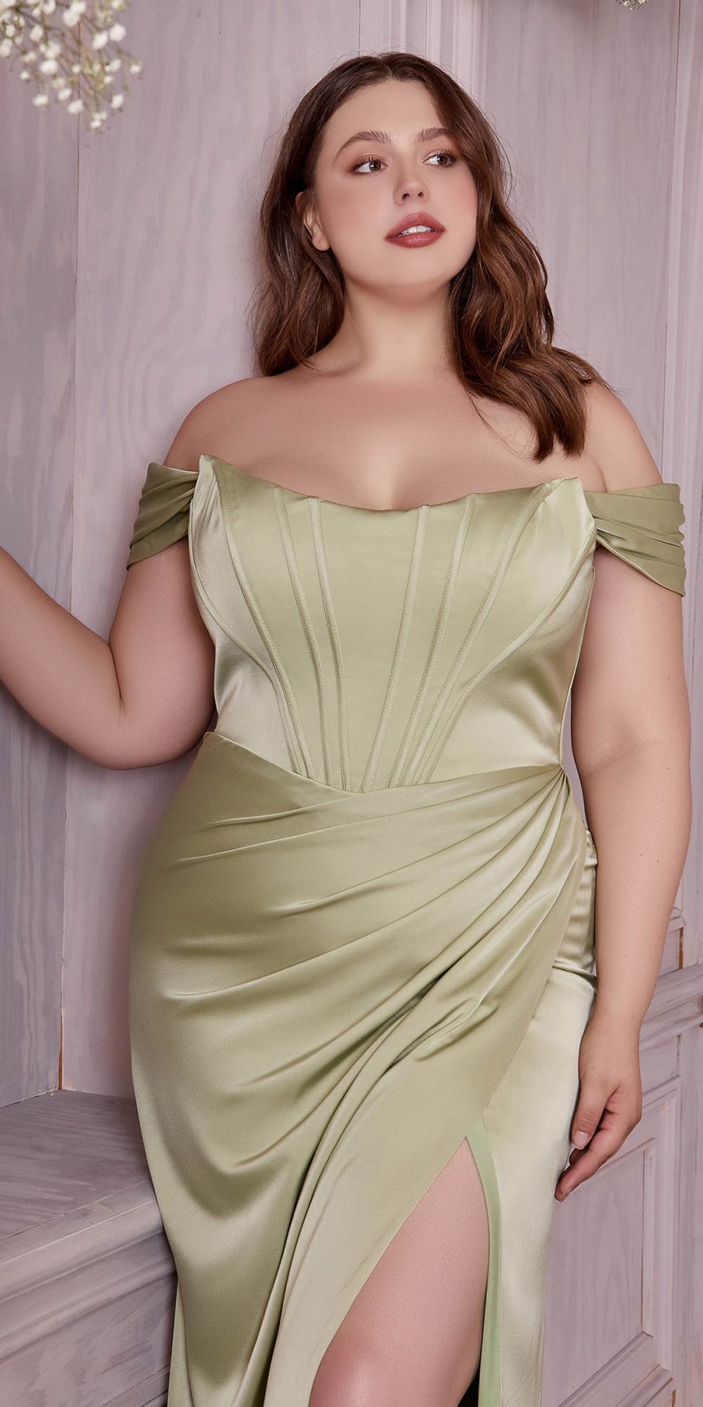 Cinderella Divine 7484 Long Off the Shoulder Corset Satin Formal Gown by DiscountDressShop
