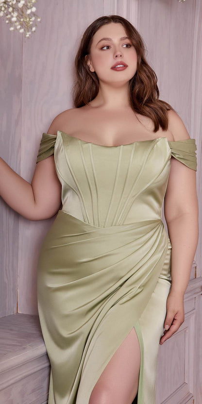 Cinderella Divine 7484C Plus Size Off the Shoulder Corset Satin Formal Gown by DiscountDressShop