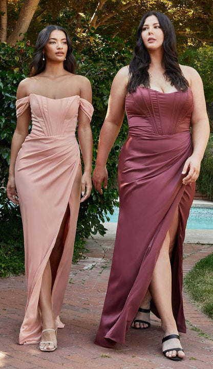 Cinderella Divine 7484 Long Off the Shoulder Corset Satin Formal Gown by DiscountDressShop