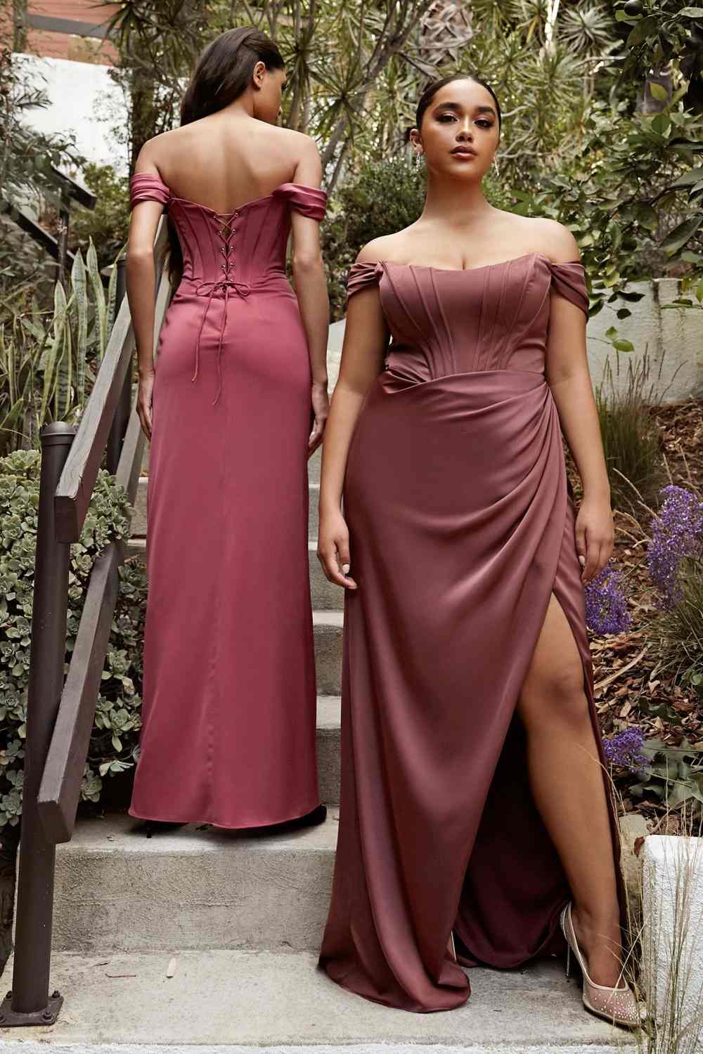 Cinderella Divine 7484 Long Off the Shoulder Corset Satin Formal Gown by DiscountDressShop