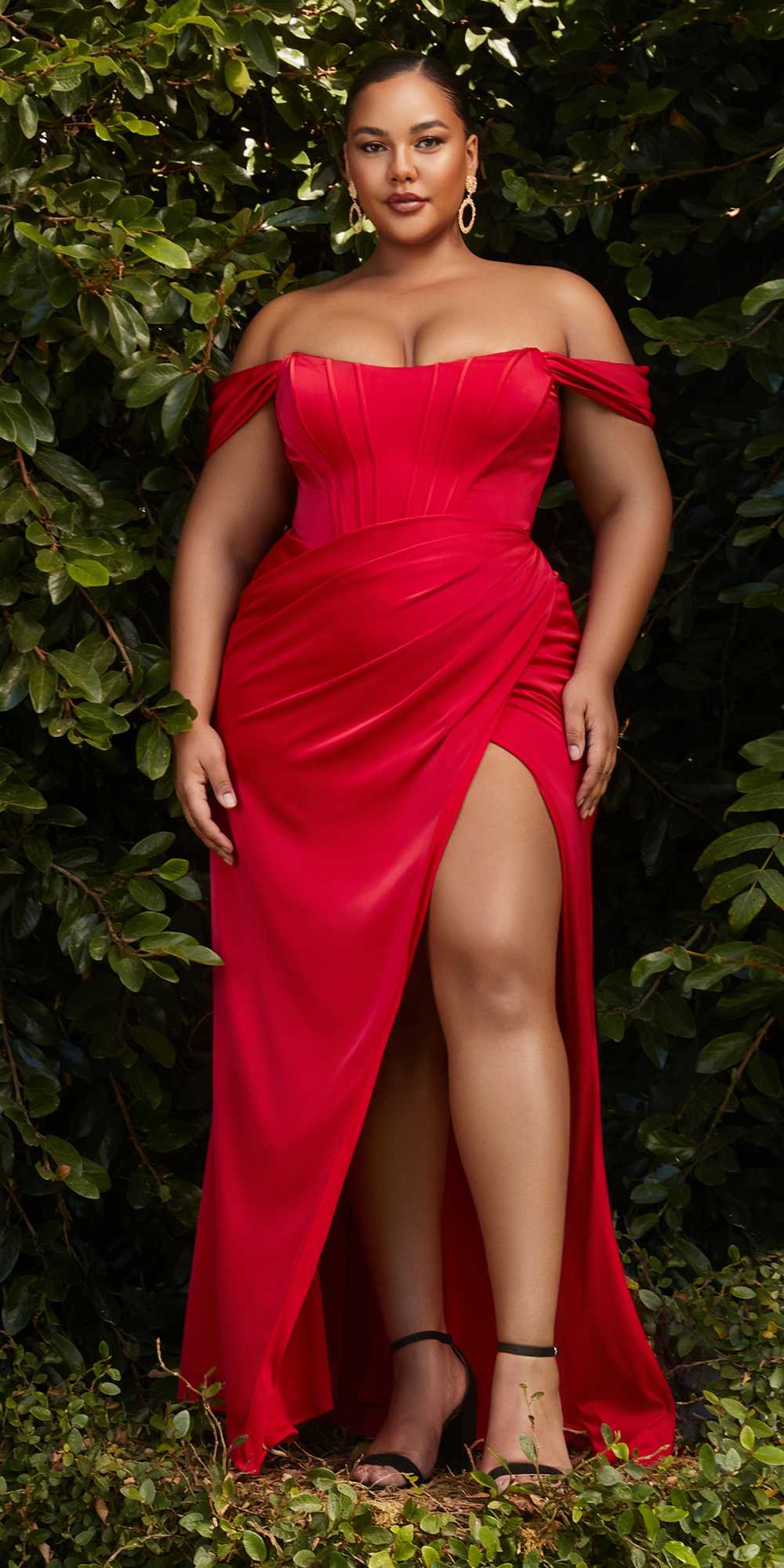 Cinderella Divine 7484C Plus Size Off the Shoulder Corset Satin Formal Gown by DiscountDressShop