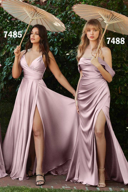 Cinderella Divine 7488 Long Column Satin Formal Dress Gathered by DiscountDressShop