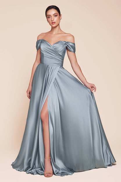 Cinderella Divine 7493C Long Plus Size A-Line Off the Shoulder Satin Dress by DiscountDressShop