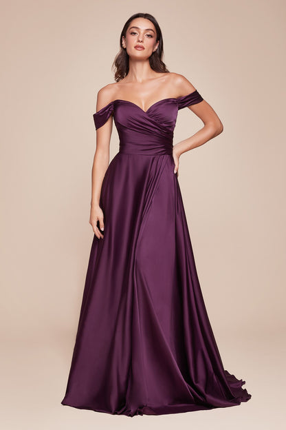 Cinderella Divine 7493C Long Plus Size A-Line Off the Shoulder Satin Dress by DiscountDressShop