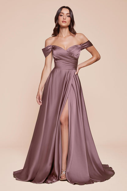 Cinderella Divine 7493C Long Plus Size A-Line Off the Shoulder Satin Dress by DiscountDressShop