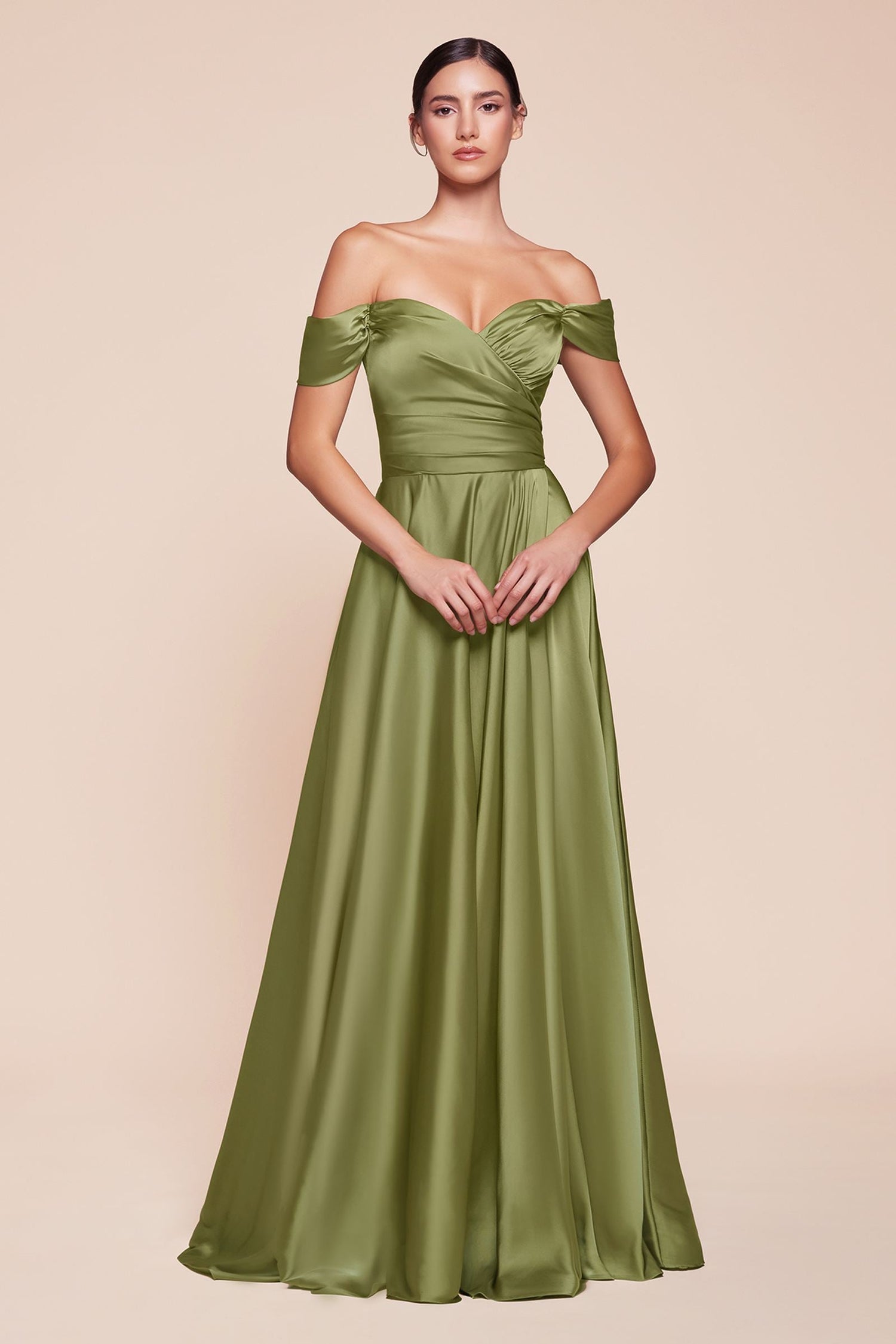 Cinderella Divine 7493C Long Plus Size A-Line Off the Shoulder Satin Dress by DiscountDressShop