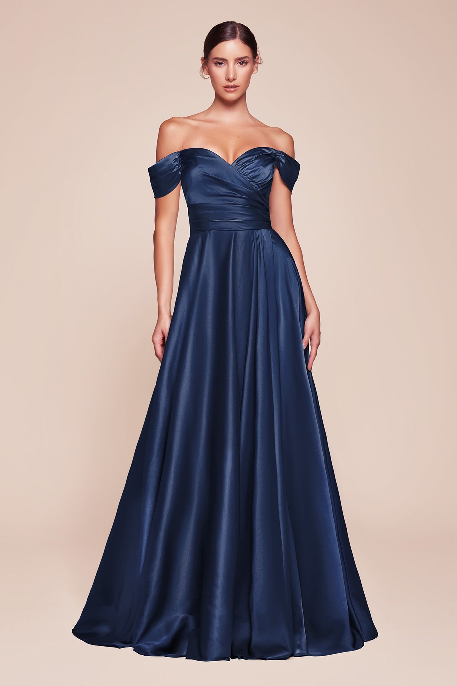 Cinderella Divine 7493C Long Plus Size A-Line Off the Shoulder Satin Dress by DiscountDressShop