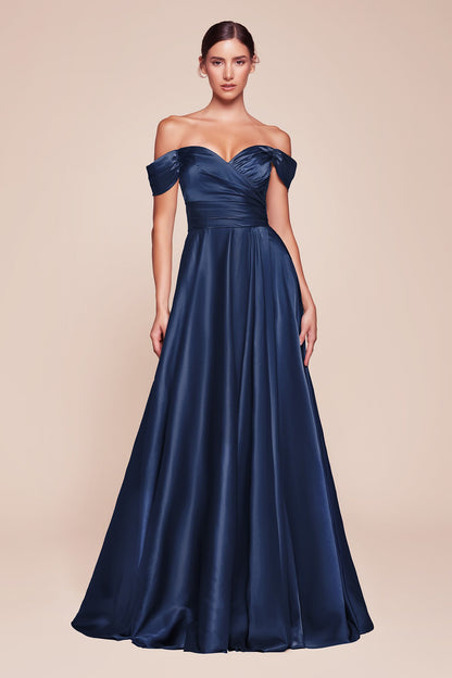 Cinderella Divine 7493C Long Plus Size A-Line Off the Shoulder Satin Dress by DiscountDressShop