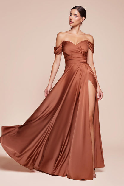 Cinderella Divine 7493C Long Plus Size A-Line Off the Shoulder Satin Dress by DiscountDressShop