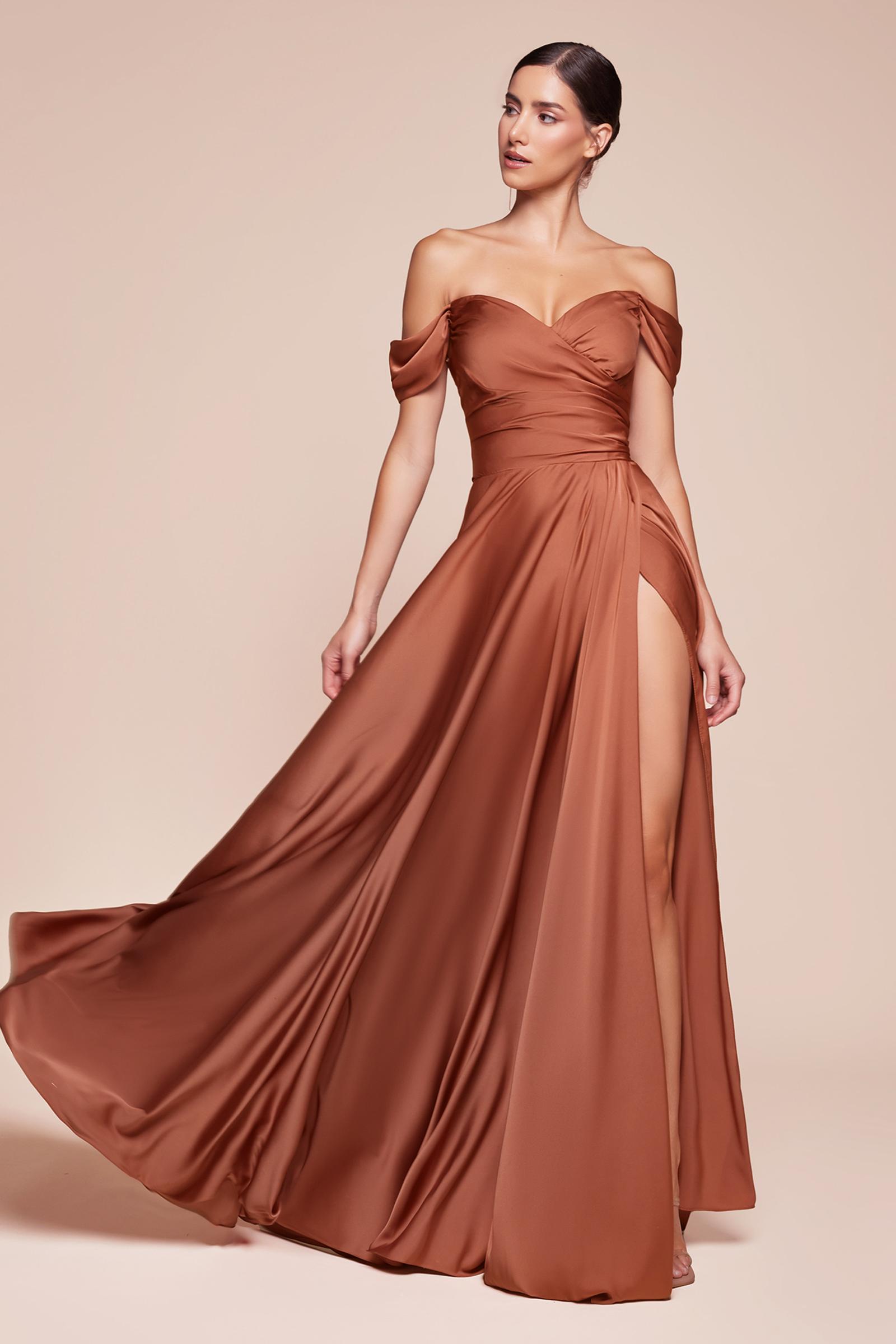 Ladivine 7493 Long A-Line Satin Off the Shoulder Dress by DiscountDressShop
