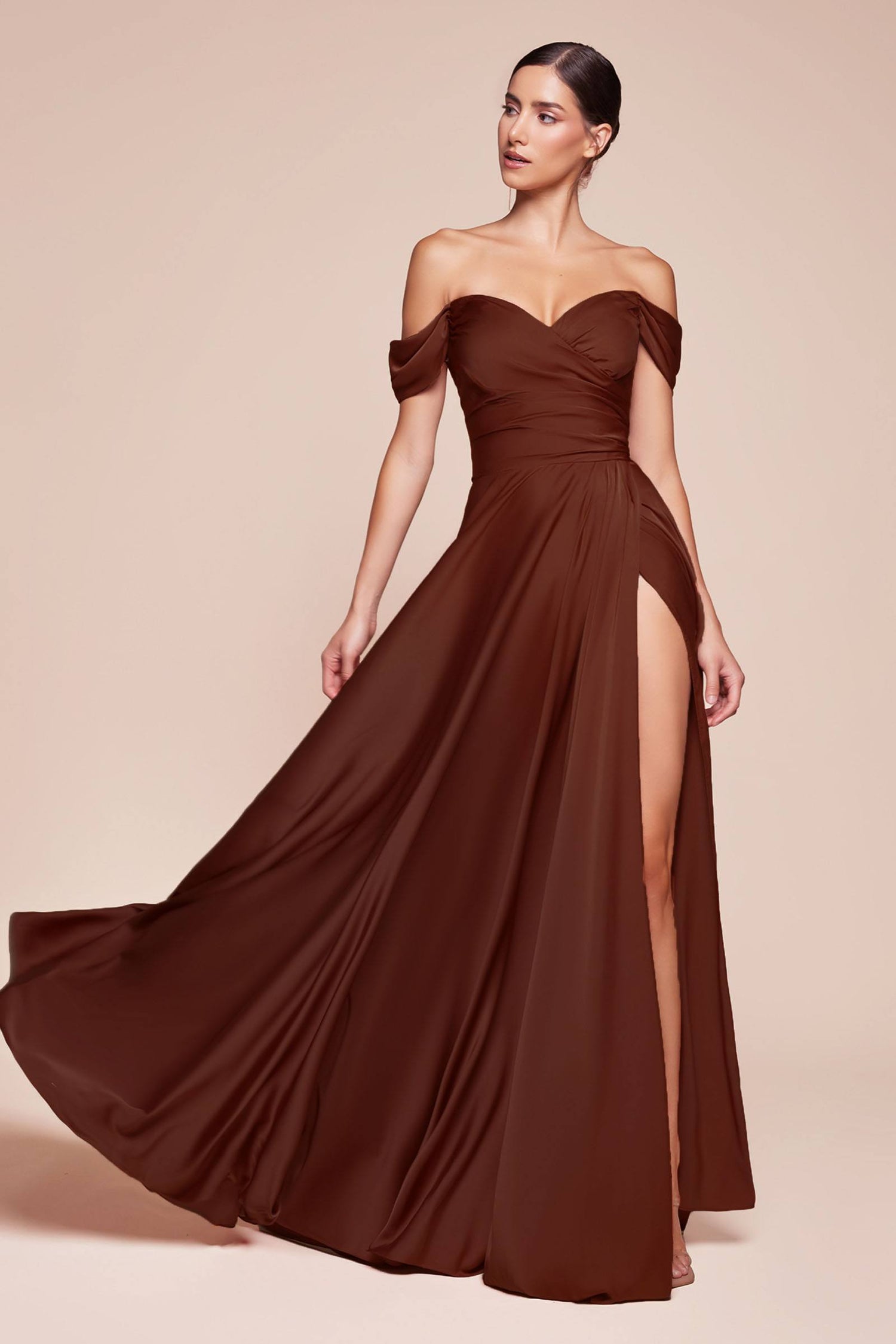 Cinderella Divine 7493C Long Plus Size A-Line Off the Shoulder Satin Dress by DiscountDressShop