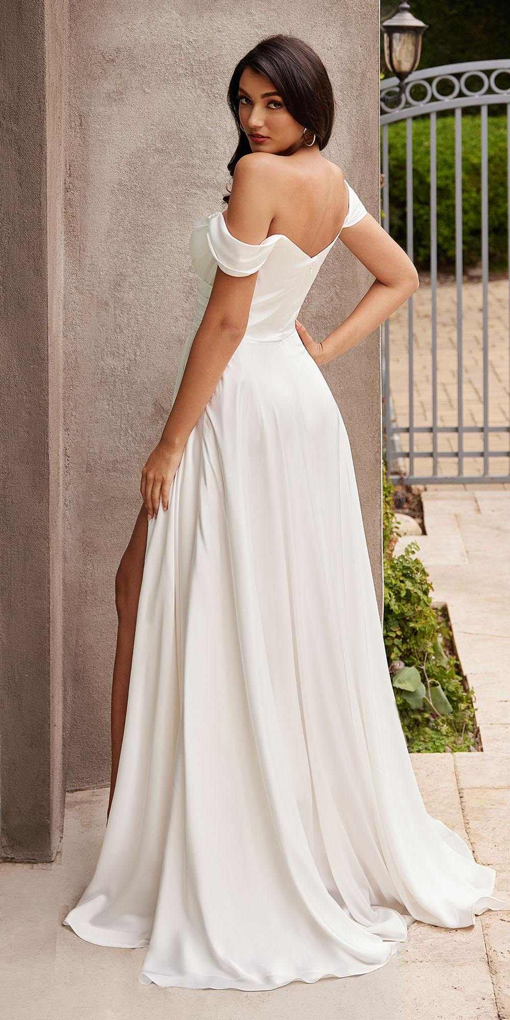 Ladivine 7493W Long A-Line Off the Shoulder Satin Bridal Dress by DiscountDressShop