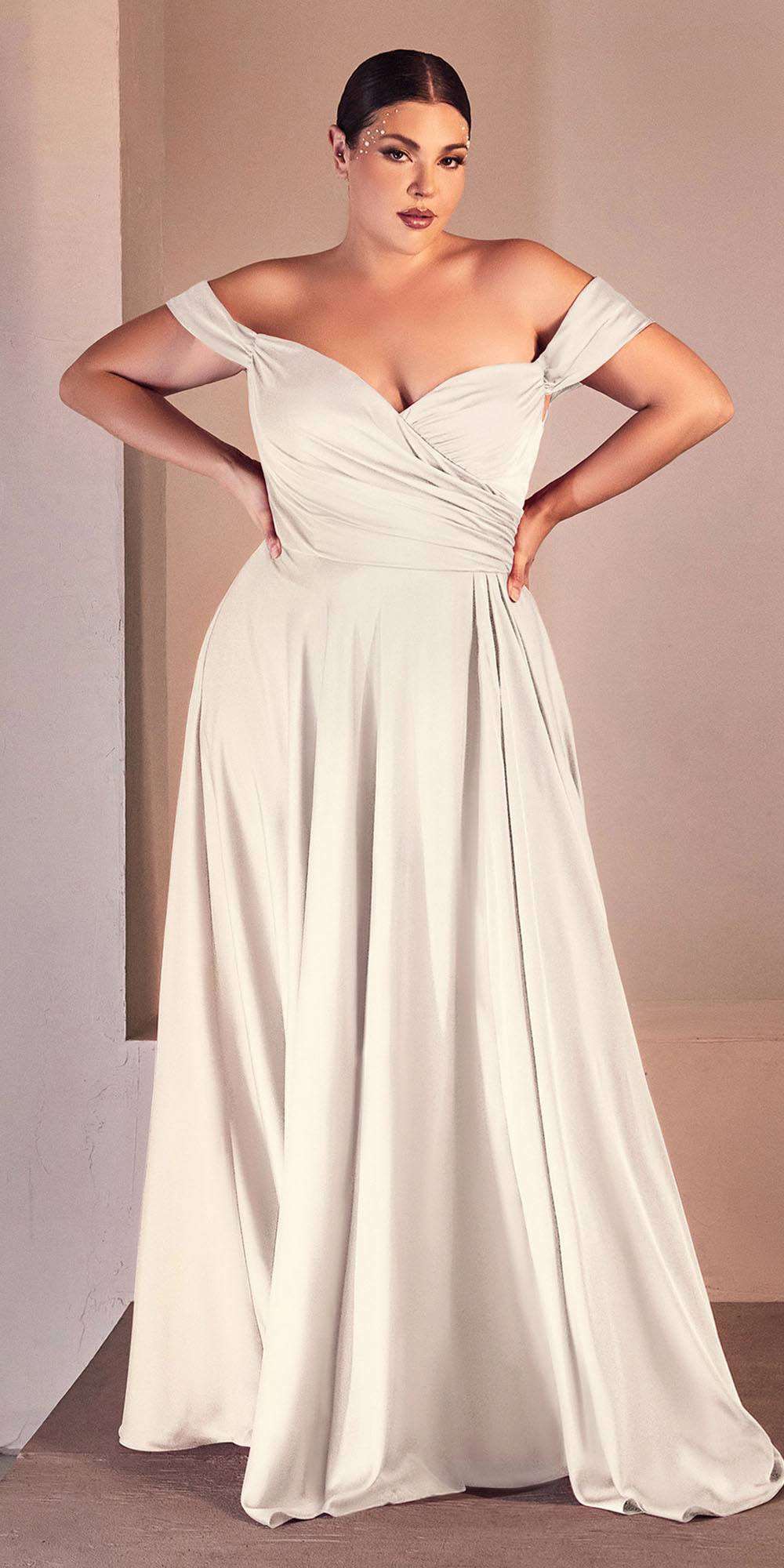Ladivine 7493W Long A-Line Off the Shoulder Satin Bridal Dress by DiscountDressShop