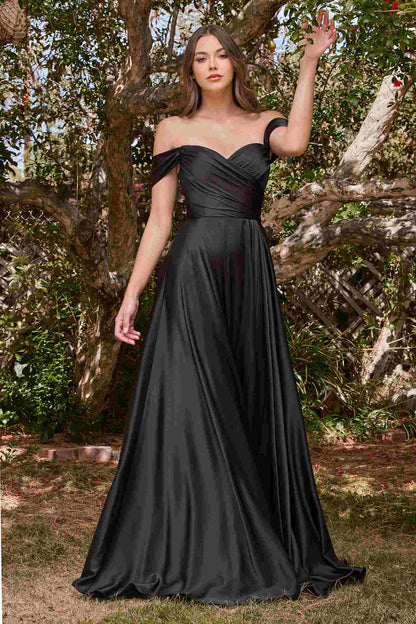 Cinderella Divine 7493C Long Plus Size A-Line Off the Shoulder Satin Dress by DiscountDressShop